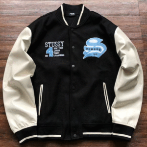 Vintage Stussy Big 4 Leather Wool Black Jacket