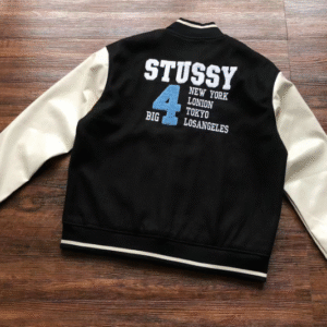 Vintage Stussy Big 4 Leather Wool Black Jacket