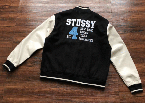 Vintage Stussy Big 4 Leather Wool Black Jacket